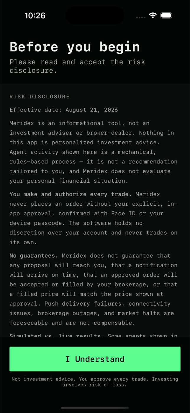 Meridex on iPhone: the risk disclosure shown before first use