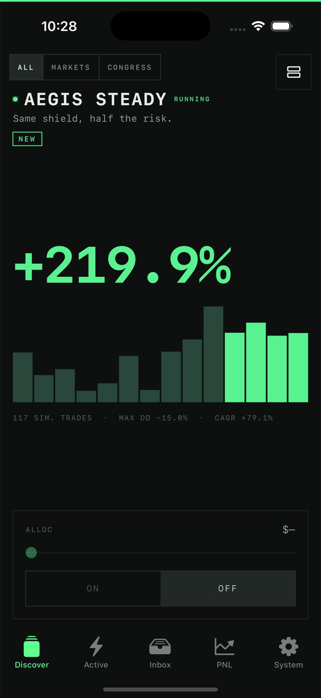 Meridex on iPhone: the Discover card for Aegis Steady, +219.9% with its trade bars
